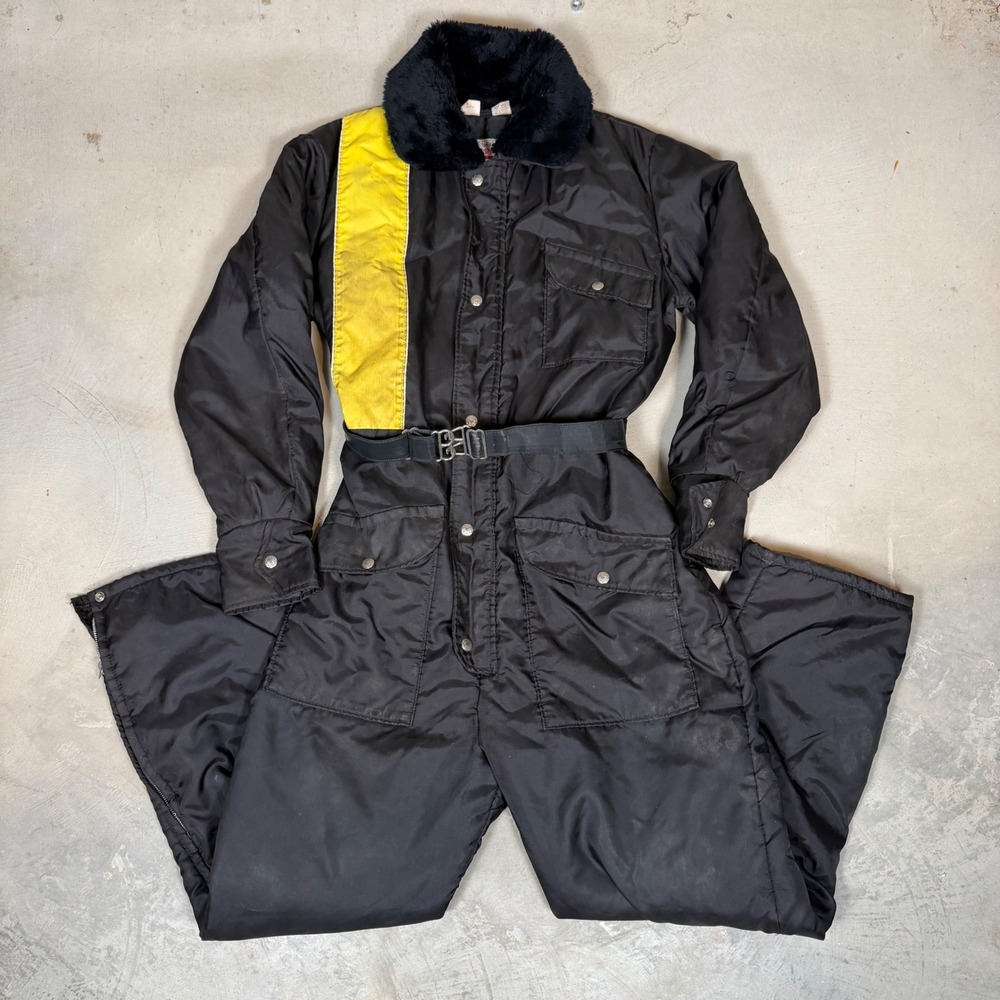 Vintage Walls Blizzard-Pruf Black Snow Suit Insulated Coveralls Yellow Stripe M